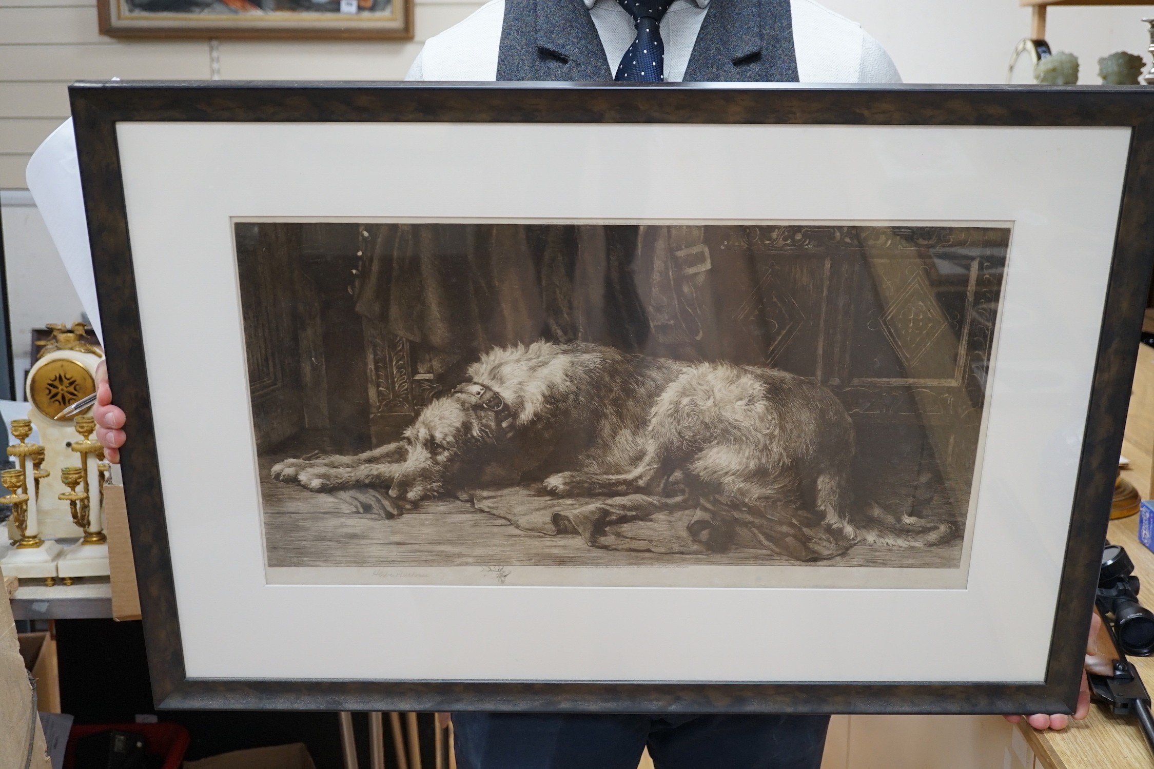 Herbert Dicksee, R.E. (1862-1942), drypoint etching, Deer hound with master's glove, signed in pencil, 32 x 63cm
